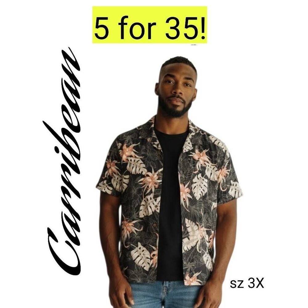 Caribbean Black Silk Blend Hawaiian Short Sleeve Shirt Clearance 5 for 35